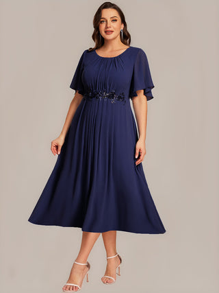 Commercial Short Sleeve Ruffle A-Line Midi Dress with Floral Appliques Evening Dresses