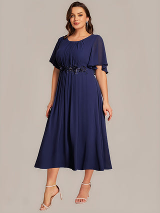 Commercial Short Sleeve Ruffle A-Line Midi Dress with Floral Appliques Evening Dresses
