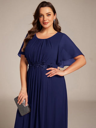 Commercial Short Sleeve Ruffle A-Line Midi Dress with Floral Appliques Evening Dresses