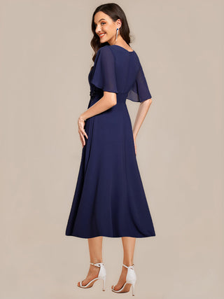 Commercial Short Sleeve Ruffle A-Line Midi Dress with Floral Appliques Evening Dresses