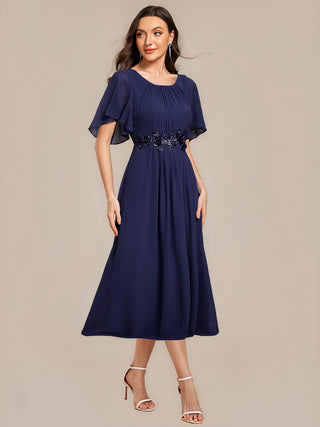 Commercial Short Sleeve Ruffle A-Line Midi Dress with Floral Appliques Evening Dresses