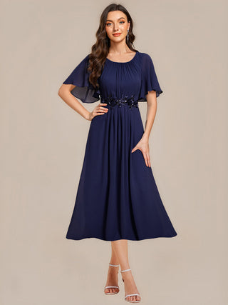 Commercial Short Sleeve Ruffle A-Line Midi Dress with Floral Appliques Evening Dresses
