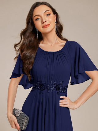 Commercial Short Sleeve Ruffle A-Line Midi Dress with Floral Appliques Evening Dresses