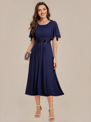 Commercial Short Sleeve Ruffle A-Line Midi Dress with Floral Appliques Evening Dresses