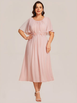 Commercial Short Sleeve Ruffle A-Line Midi Dress with Floral Appliques Evening Dresses