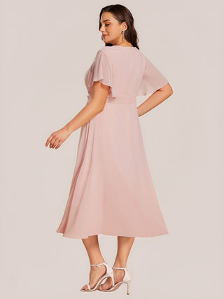 Plus Size Short Sleeve Ruffle A-Line Midi Dress with Floral Appliques Evening Dresses