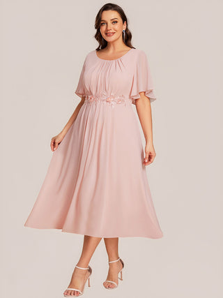 Plus Size Short Sleeve Ruffle A-Line Midi Dress with Floral Appliques Evening Dresses