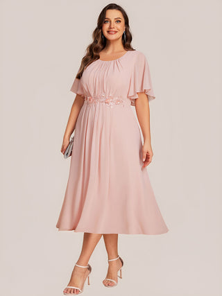 Commercial Short Sleeve Ruffle A-Line Midi Dress with Floral Appliques Evening Dresses
