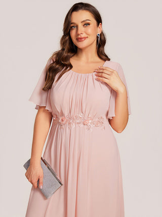 Plus Size Short Sleeve Ruffle A-Line Midi Dress with Floral Appliques Evening Dresses