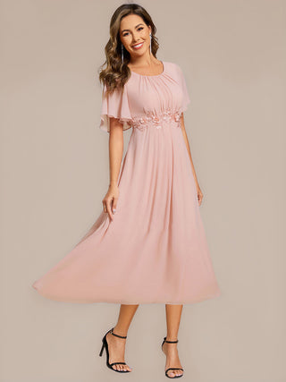Commercial Short Sleeve Ruffle A-Line Midi Dress with Floral Appliques Evening Dresses