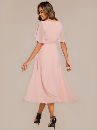 Commercial Short Sleeve Ruffle A-Line Midi Dress with Floral Appliques Evening Dresses