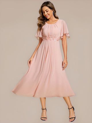 Commercial Short Sleeve Ruffle A-Line Midi Dress with Floral Appliques Evening Dresses