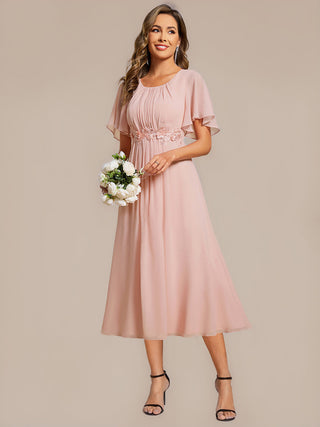 Commercial Short Sleeve Ruffle A-Line Midi Dress with Floral Appliques Evening Dresses
