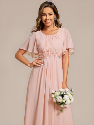 Commercial Short Sleeve Ruffle A-Line Midi Dress with Floral Appliques Evening Dresses