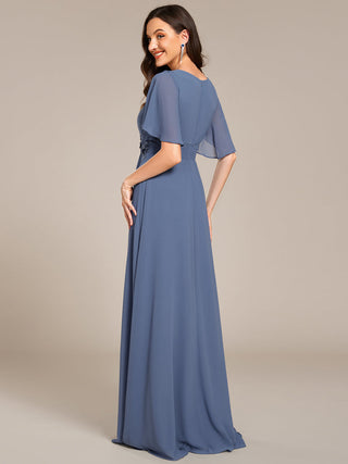 Short Sleeves Pleated Applique A-Line Floor-Length Formal Evening Dress
