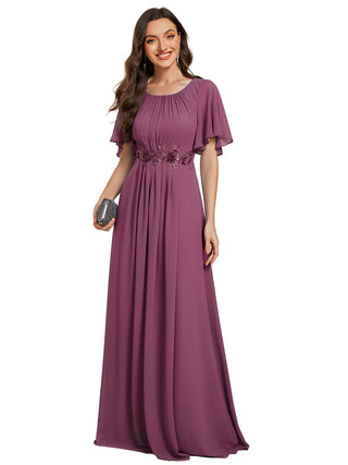 Short Sleeves Pleated Applique A-Line Floor-Length Formal Evening Dress