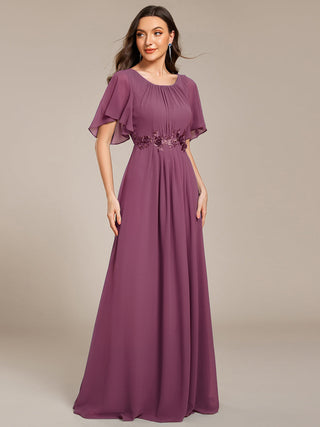 Short Sleeves Pleated Applique A-Line Floor-Length Formal Evening Dress