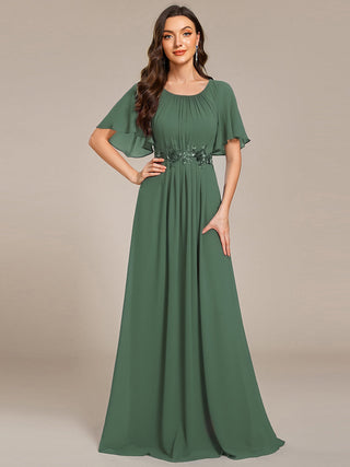 Short Sleeves Pleated Applique A-Line Floor-Length Formal Evening Dress
