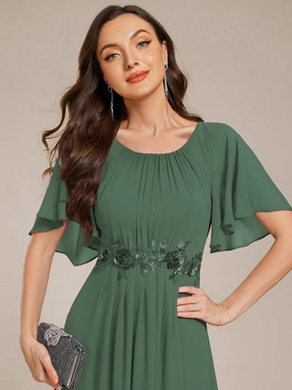 Short Sleeves Pleated Applique A-Line Floor-Length Formal Evening Dress