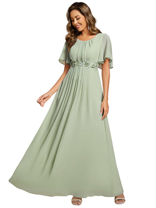 Short Sleeves Pleated Applique A-Line Floor-Length Formal Evening Dress