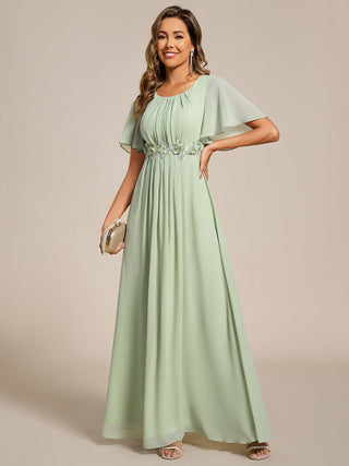 Short Sleeves Pleated Applique A-Line Floor-Length Formal Evening Dress