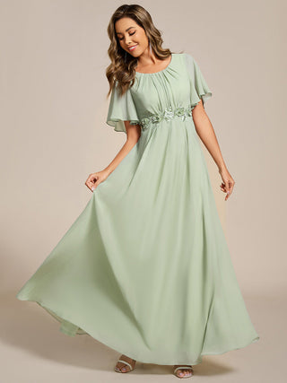 Short Sleeves Pleated Applique A-Line Floor-Length Formal Evening Dress