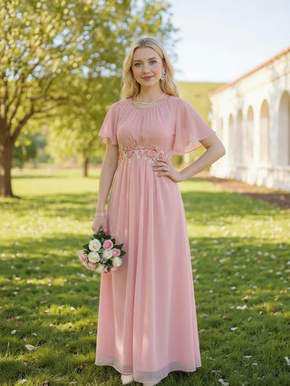 Short Sleeves Pleated Applique A-Line Floor-Length Formal Evening Dress