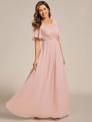 Short Sleeves Pleated Applique A-Line Floor-Length Formal Evening Dress