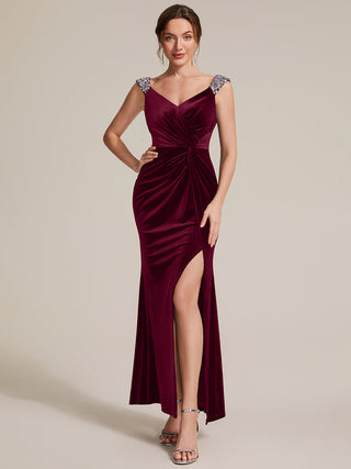 Commercial Plus Size Sleeveless Velvet V-Neck Sequin Mermaid Maxi Evening Dresses