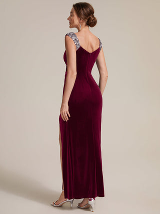 Commercial Plus Size Sleeveless Velvet V-Neck Sequin Mermaid Maxi Evening Dresses