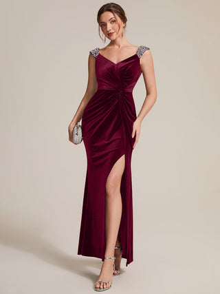 Commercial Plus Size Sleeveless Velvet V-Neck Sequin Mermaid Maxi Evening Dresses