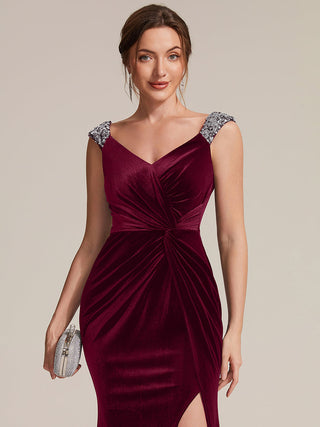 Commercial Plus Size Sleeveless Velvet V-Neck Sequin Mermaid Maxi Evening Dresses