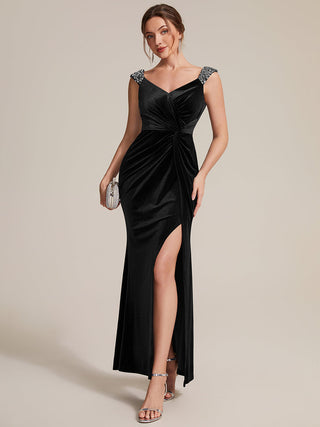 Commercial Plus Size Sleeveless Velvet V-Neck Sequin Mermaid Maxi Evening Dresses
