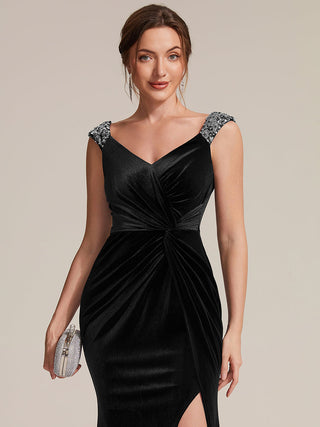 Commercial Plus Size Sleeveless Velvet V-Neck Sequin Mermaid Maxi Evening Dresses