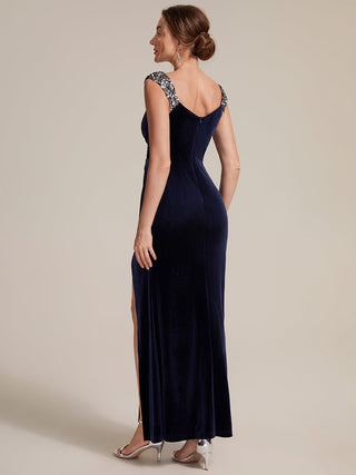 Commercial Plus Size Sleeveless Velvet V-Neck Sequin Mermaid Maxi Evening Dresses