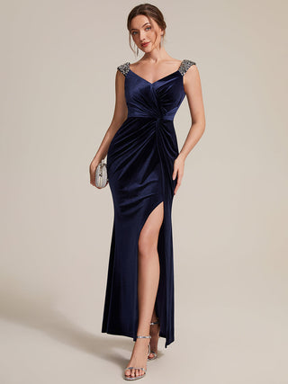 Commercial Plus Size Sleeveless Velvet V-Neck Sequin Mermaid Maxi Evening Dresses