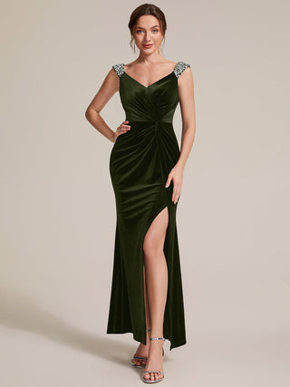 Commercial Plus Size Sleeveless Velvet V-Neck Sequin Mermaid Maxi Evening Dresses