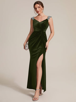 Commercial Plus Size Sleeveless Velvet V-Neck Sequin Mermaid Maxi Evening Dresses