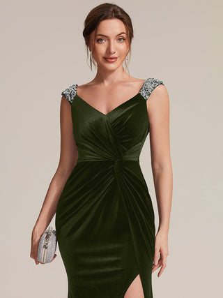 Commercial Plus Size Sleeveless Velvet V-Neck Sequin Mermaid Maxi Evening Dresses