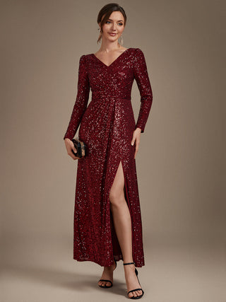 Plus Size Long-Sleeve Sequin V-Neck Maxi Sheath Evening Dresses