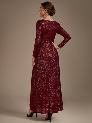 Plus Size Long-Sleeve Sequin V-Neck Maxi Sheath Evening Dresses