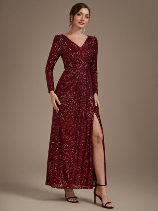 Plus Size Long-Sleeve Sequin V-Neck Maxi Sheath Evening Dresses