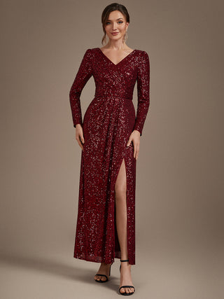 Plus Size Long-Sleeve Sequin V-Neck Maxi Sheath Evening Dresses