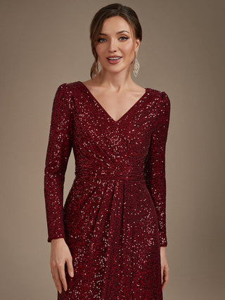 Plus Size Long-Sleeve Sequin V-Neck Maxi Sheath Evening Dresses