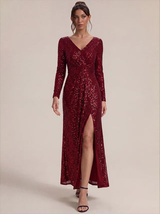 Plus Size Long-Sleeve Sequin V-Neck Maxi Sheath Evening Dresses