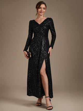 Plus Size Long-Sleeve Sequin V-Neck Maxi Sheath Evening Dresses
