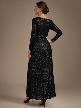 Plus Size Long-Sleeve Sequin V-Neck Maxi Sheath Evening Dresses