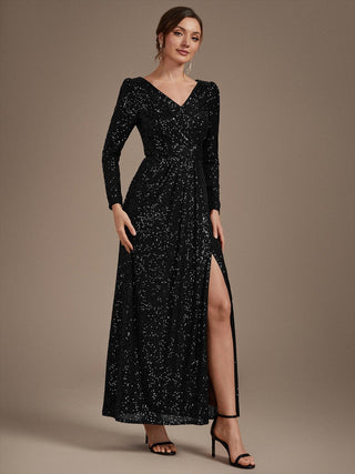 Plus Size Long-Sleeve Sequin V-Neck Maxi Sheath Evening Dresses