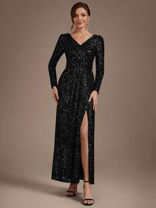 Plus Size Long-Sleeve Sequin V-Neck Maxi Sheath Evening Dresses