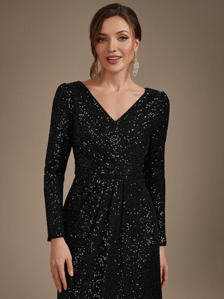 Plus Size Long-Sleeve Sequin V-Neck Maxi Sheath Evening Dresses